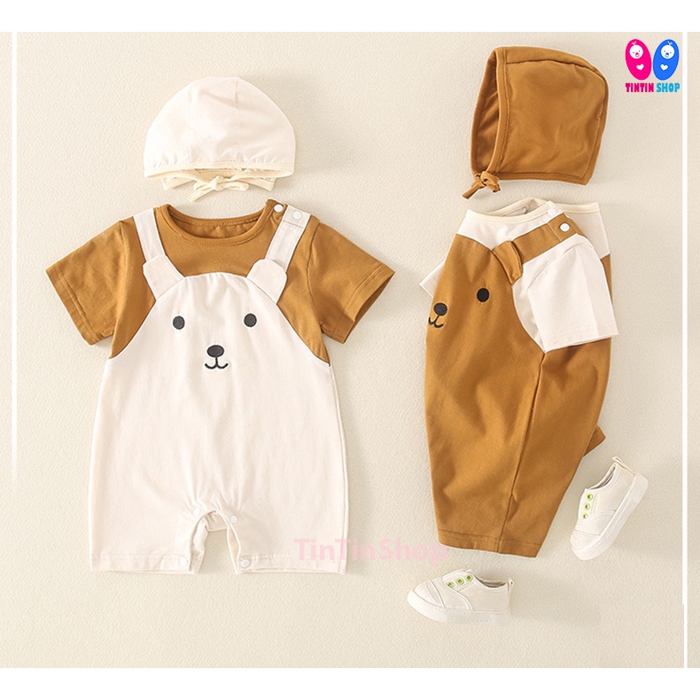 [Vải Thun lạnh] Body đùi liền thân Kèm mũ bodysuit cộc tay cho bé, bộ body bé sơ sinh cho bé 0-12M SLH34