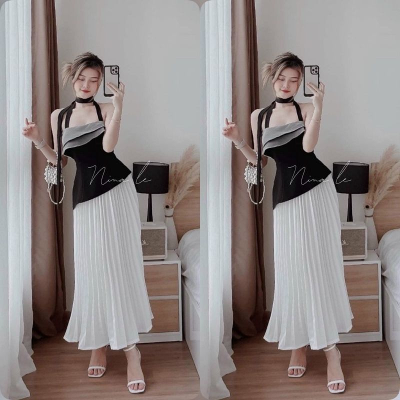 Sét bộ áo dự tiệc event cột dây cổ có mút ngực quý phái kèm chân váy Vip32