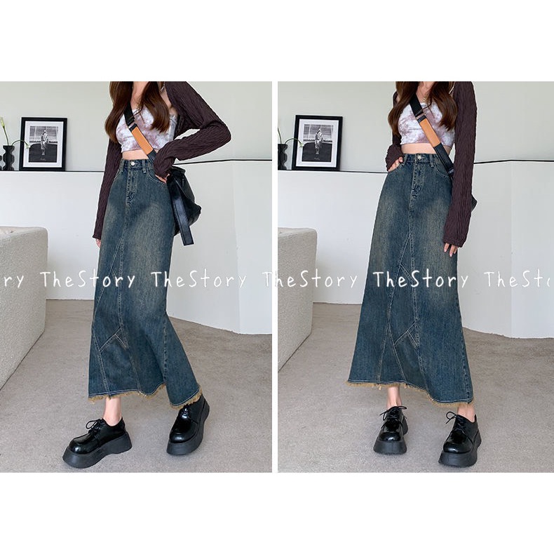 Chân váy jean dài có tua rua dưới gấu  CV354, CV356