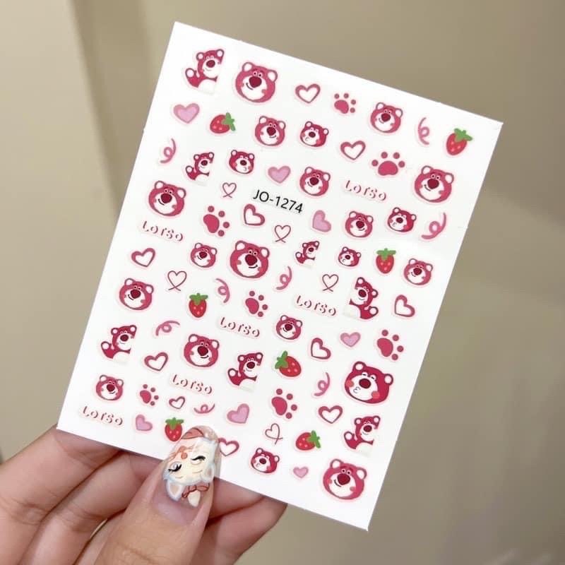 Sticker dán móng tay nail Gấu dâu và Thỏ hình thú dễ thương