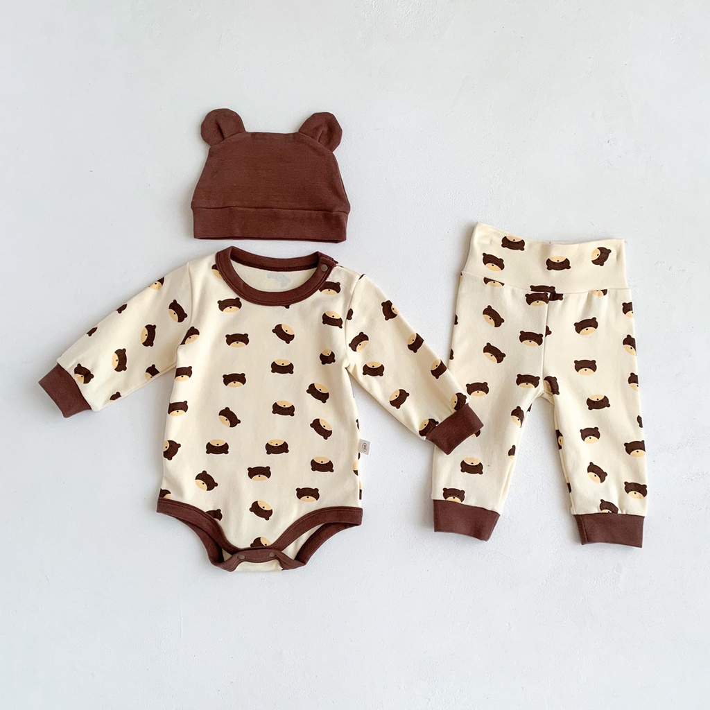 Bộ Áo Liền Quần &amp; Quần Legging &amp; Mũ Trùm Đầu In Hình Gấu Cho Bé Trai &amp; Gái Sơ Sinh