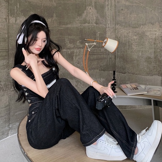Bộ Áo Denim Hai Dây In Họa Tiết + Quần Jean Đen Eo Cao Dáng Rộng Phong Cách Hàn Quốc Cho Nữ