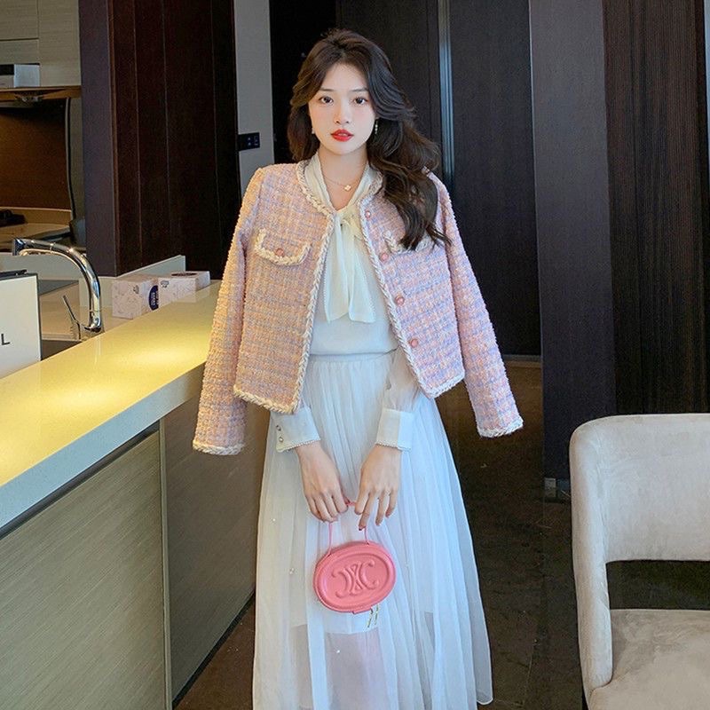 Áo dạ tweed màu hồng dáng ngắn pastel hàng quảng châu cao cấp-D01