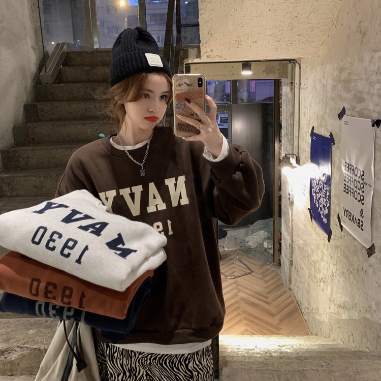 IELGY Áo Len Cổ Tròn In Chữ IELGY S Và Hàn Quốc Cho Nữ