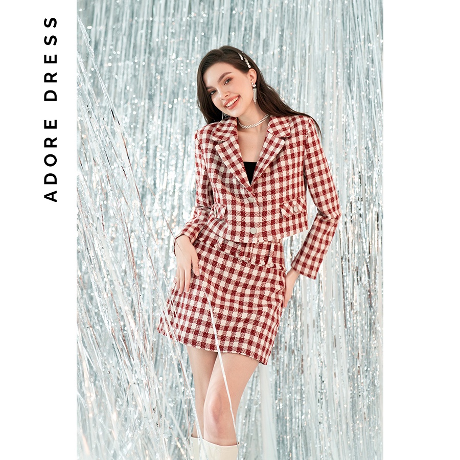 Áo khoác crop blazer tweed karo trắng đỏ cổ 2 ve 2BL2031 ADORE DRESS