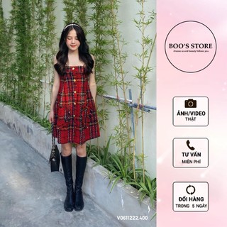 Váy nữ boosstore váy dạ kẻ caro túi tim quai xích màu đỏ
