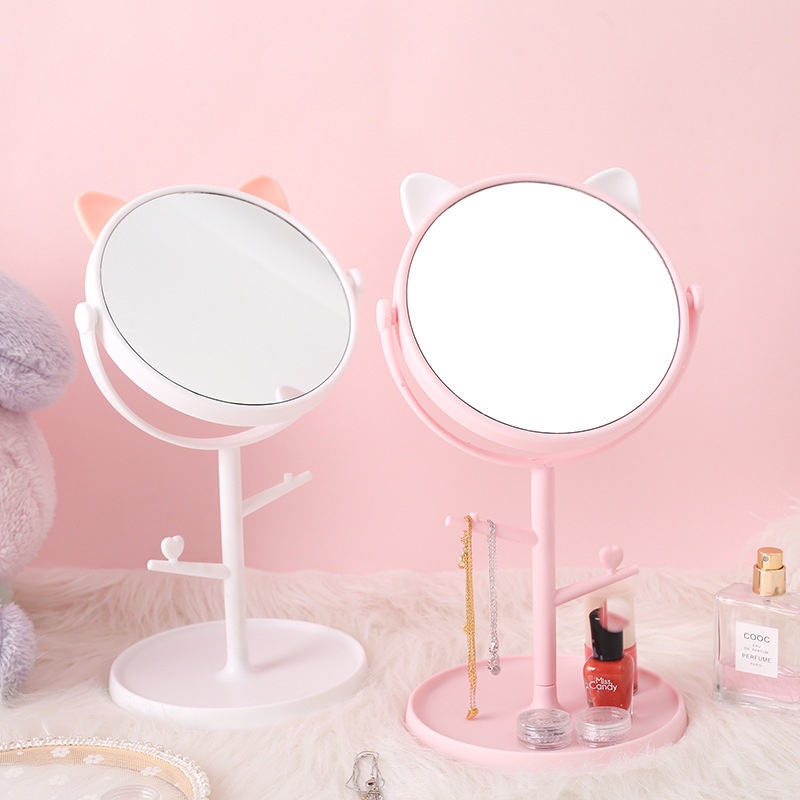 Cây gương trang điểm để bàn tai mèo dễ thương xoay 360, Gương để bàn Mini hinh tai mèo dễ thương có giá treo phụ kiện