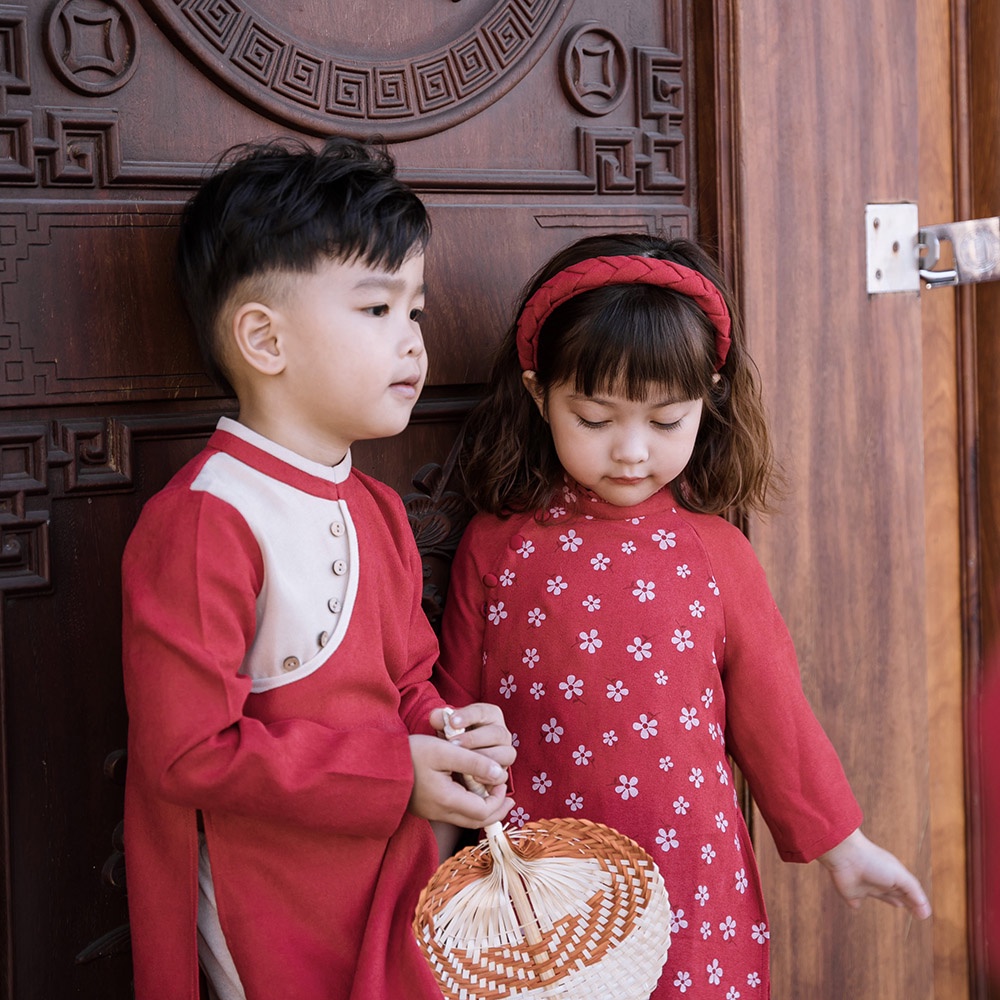 Áo dài Trung Thu bé trai xanh đỏ kèm quần baggy vải nhung mềm mại truyền thống MamLa