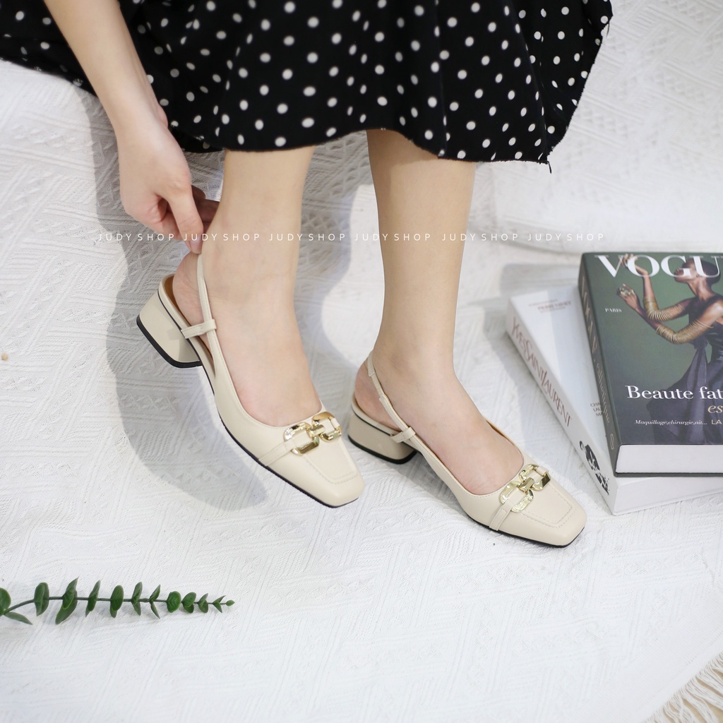 Giày Sandal COLEE Slingback Mũi Vuông Khuy Khoá Xinh Xắn Cao 4p