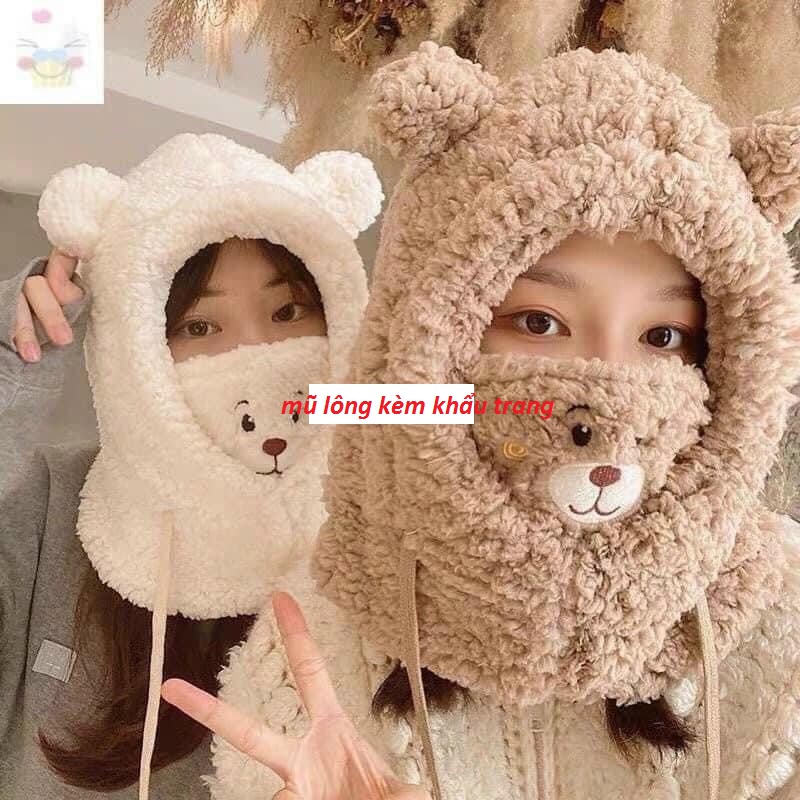 Mũ lông kèm khẩu trang họa tiết hình gấu 2 trong 1 ấm áp