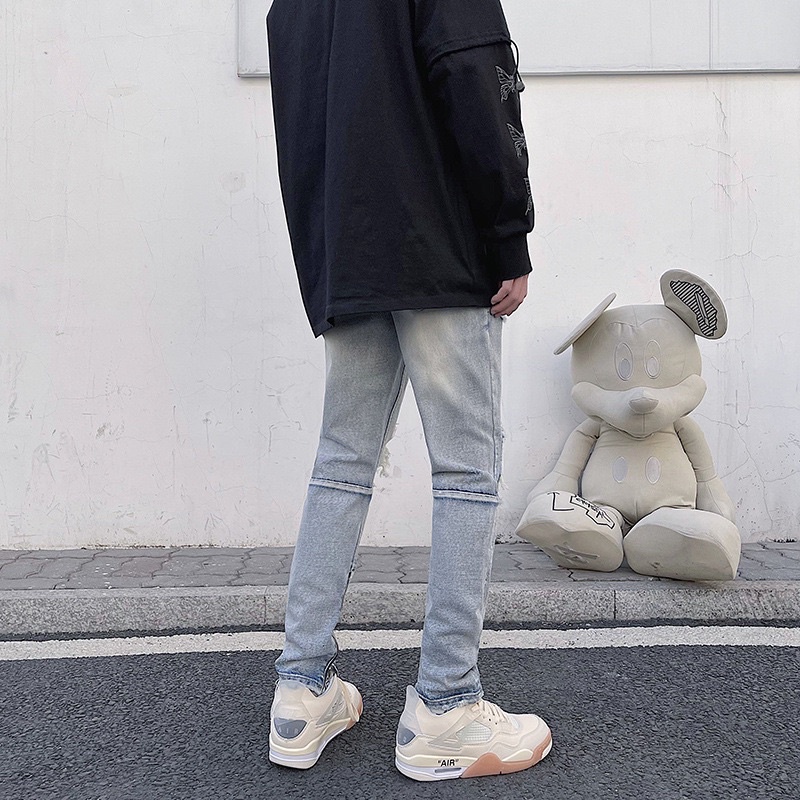 Quần jean rách zipper xanh bạc streetwear vải denim cao cấp Quixotic