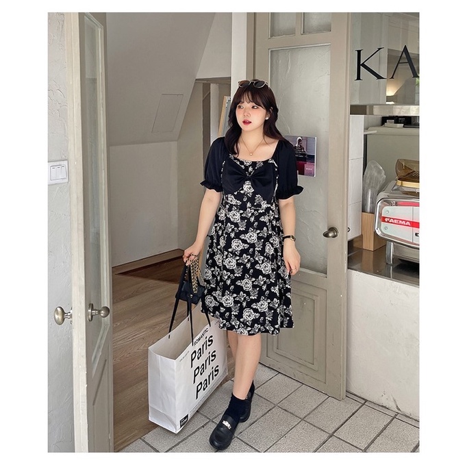 Đầm đen in hoa đính nơ big size lớn dự tiệc 65-100kg
