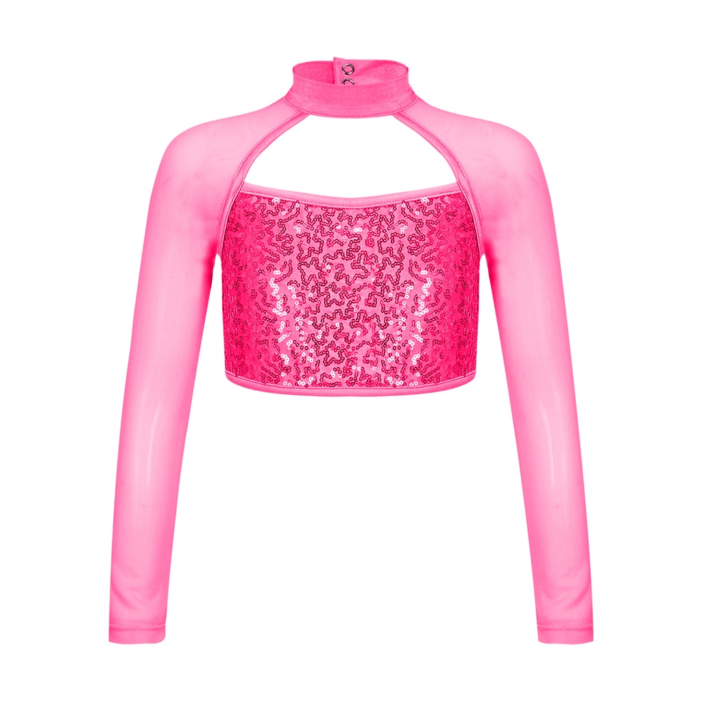 Trẻ Em Bé Gái Thời Trang Quần Áo Dài Tay Cổ Tròn Rỗng Sáng Bóng Kim Sa Lấp Lánh Trang Trí Khiêu Vũ Crop Top