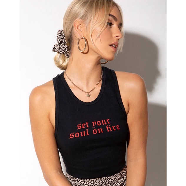 Áo croptop ngắn tay rút giây in hoạ tiết, áo sát nách Set Your Soul On Fire
