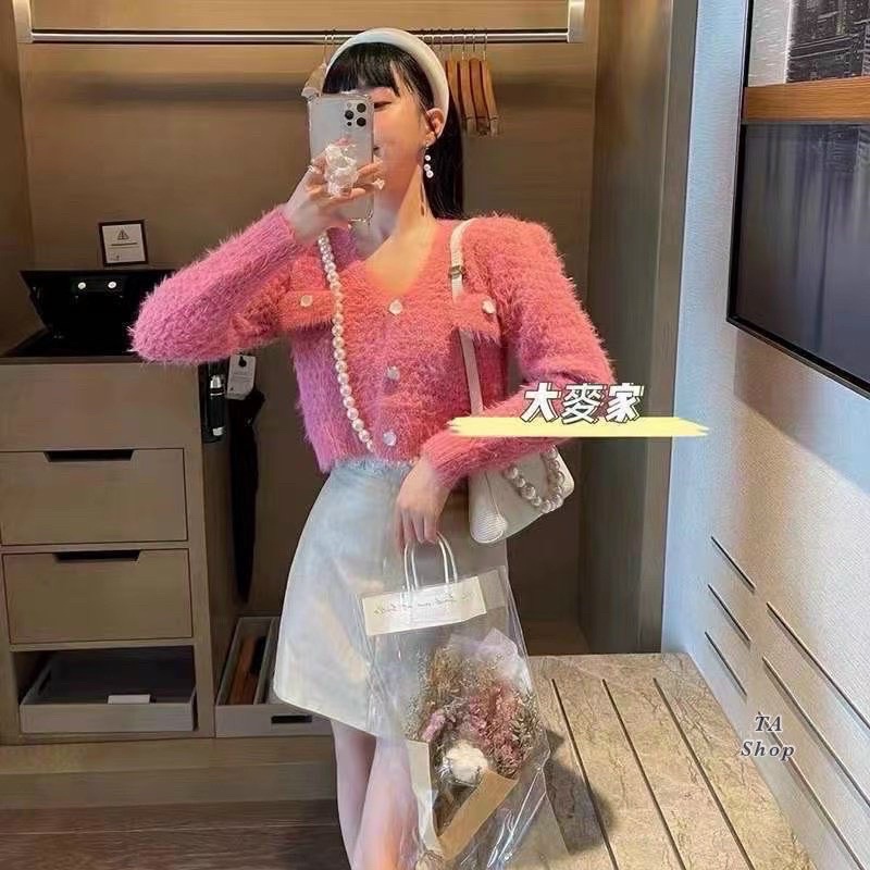 Áo len cardigan lông thỏ cúc bọc siêu sang chảnh