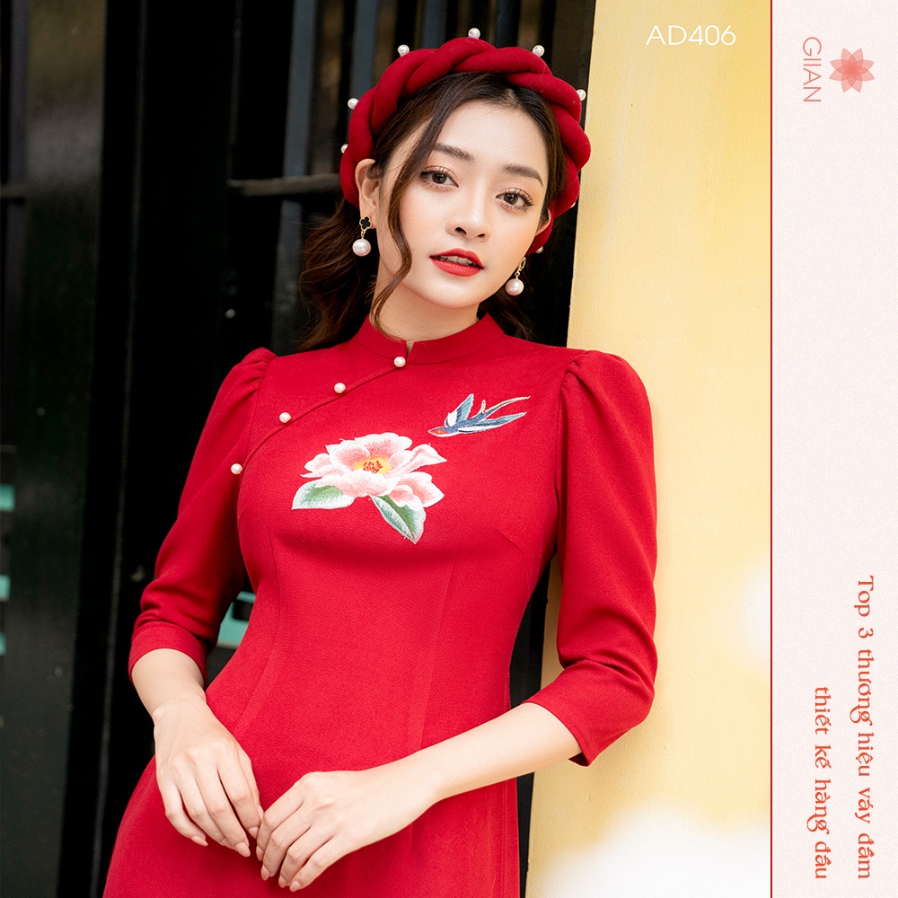 Áo dài cho bé gái màu đỏ, áo dài đỏ cách tân gia đình thiết kế họa tiết xuân cách điệu chính hãng Giian - GAD406 AD0045