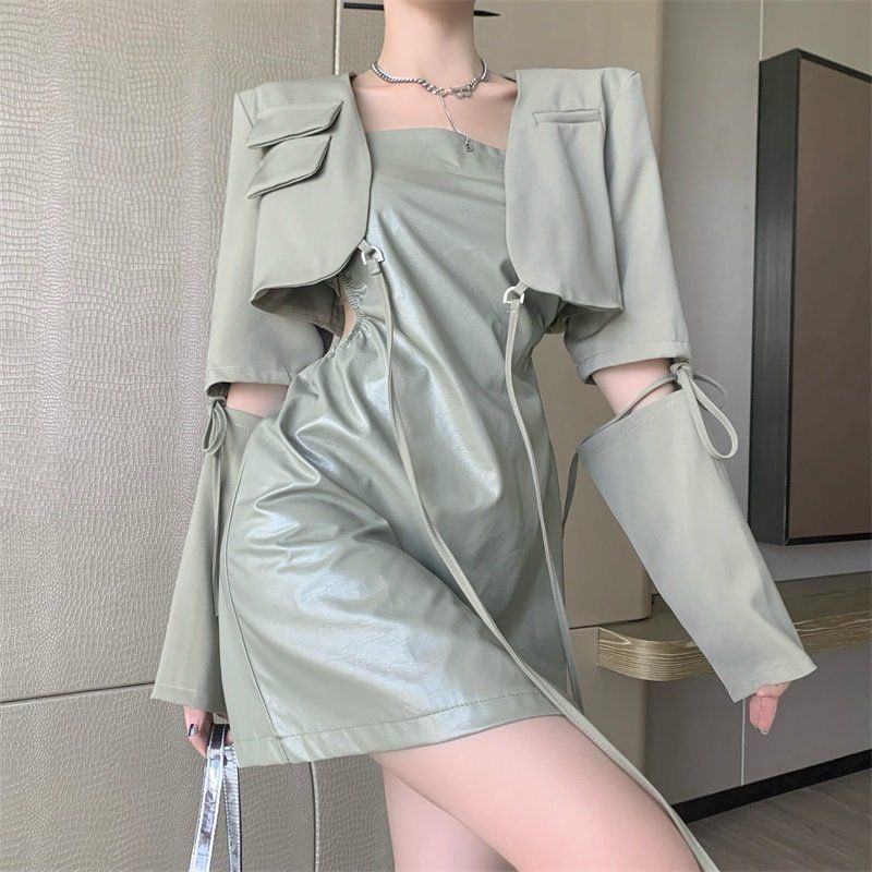 Set váy da thu đông bó eo vét ngắn combo Đầm ôm body tôn dáng sexy màu xanh ngọc XOÀI STORE