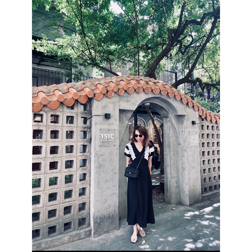 (HÌNH THẬT) Váy dài chít-eo phối ren cao cấp. Đầm dài tôn dáng, cổ V và hở lưng cách điệu