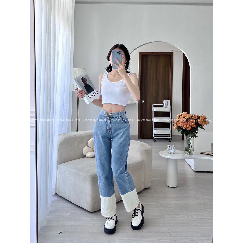 Quần jean bò nữ ống rộng suông lưng cạp cao form rộng chất đẹp Emilyshop ulzzang