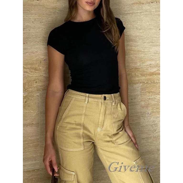 Áo Thun Tay Ngắn Cổ Tròn Màu Trơn Thời Trang Xuân Thu Cho Nữ