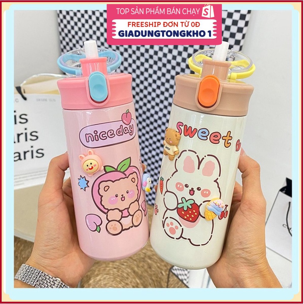 (Bán Buôn Sỉ) Bình Nước Giữ Nhiệt 550ML Kèm Ống Hút Tiện Lợi Dành Cho Bé