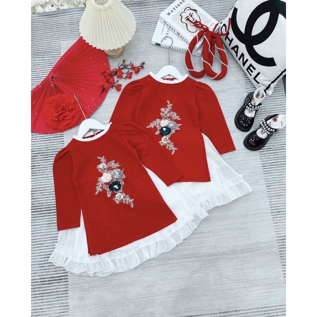 Áo dài nhung hoa đá xinh cho bé gái