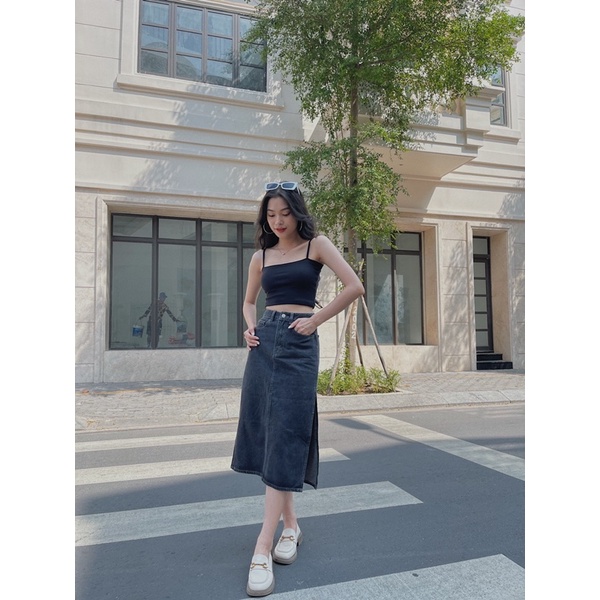 Chân váy jean dài xẻ cá tính đen xám LUCETFASHION Domi Jean Skirt