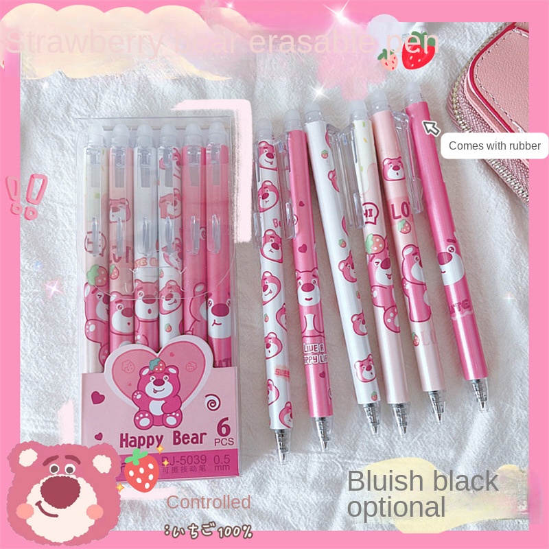 Set 6 Bút Bi Ngòi 0.5mm Hình Gấu / Dâu Tây Hoạt Hình Dễ Thương