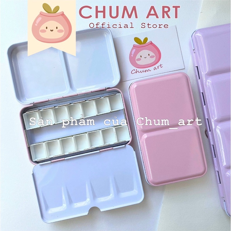 Chum Art- Hộp thiếc nắp gập 3, Hộp đựng màu nước 12 pan 2ml kèm khay pha màu và thanh giữ pan