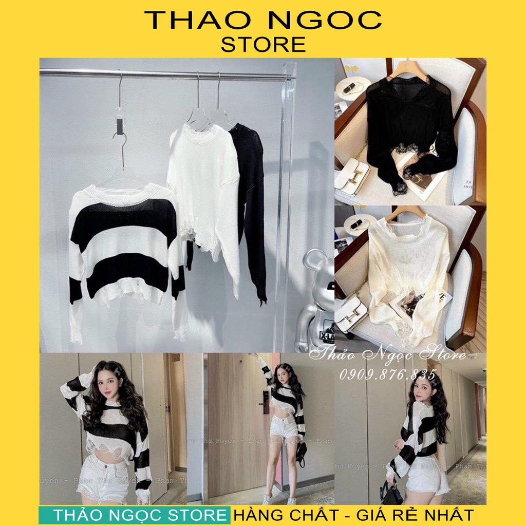 Áo len croptop sọc rách tay dài hàng nhập QC! (hình thật)