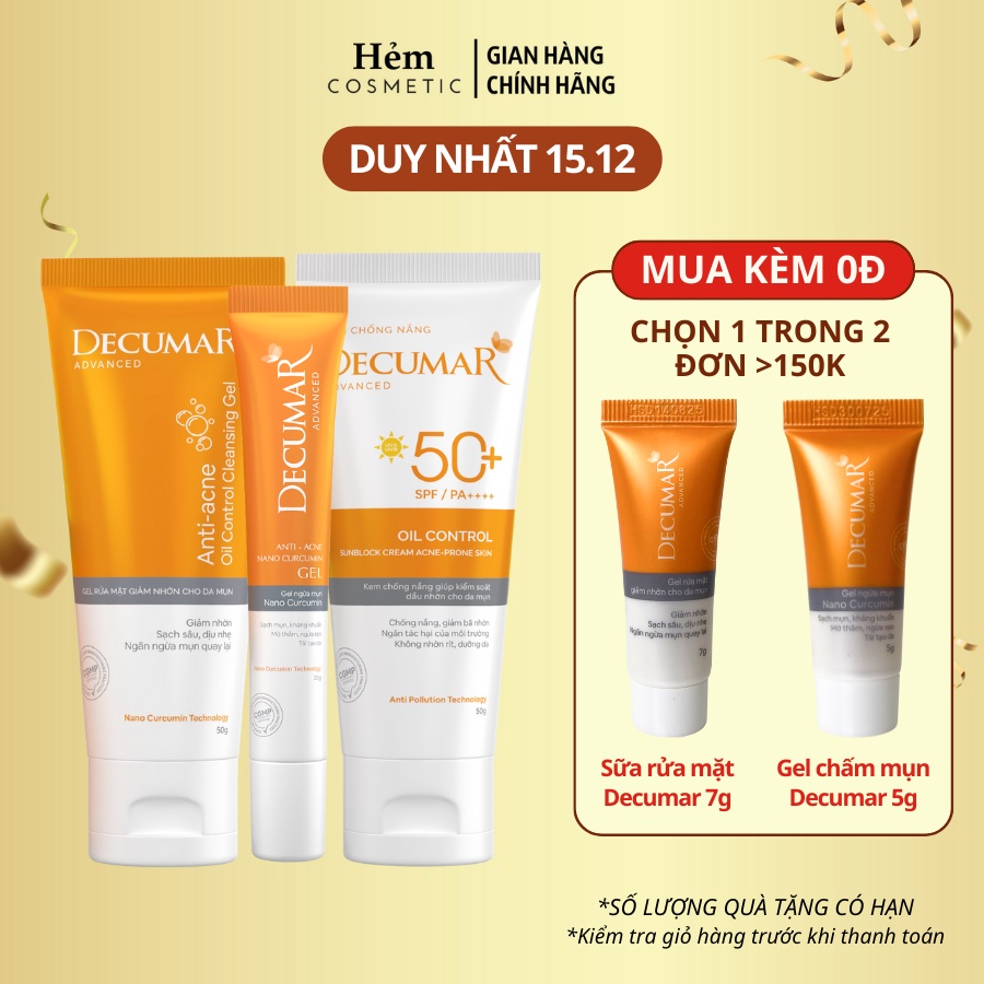 Combo 3 sản phẩm ngừa mụn toàn diện Decumar Advanced (Gel rửa mặt+Gel mụn+Kem chống nắng) - Hẻm Cosmetic