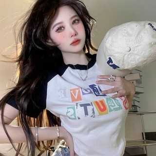 ÁO THUN CROPTOP TAY PHỐI ĐEN IN LODE