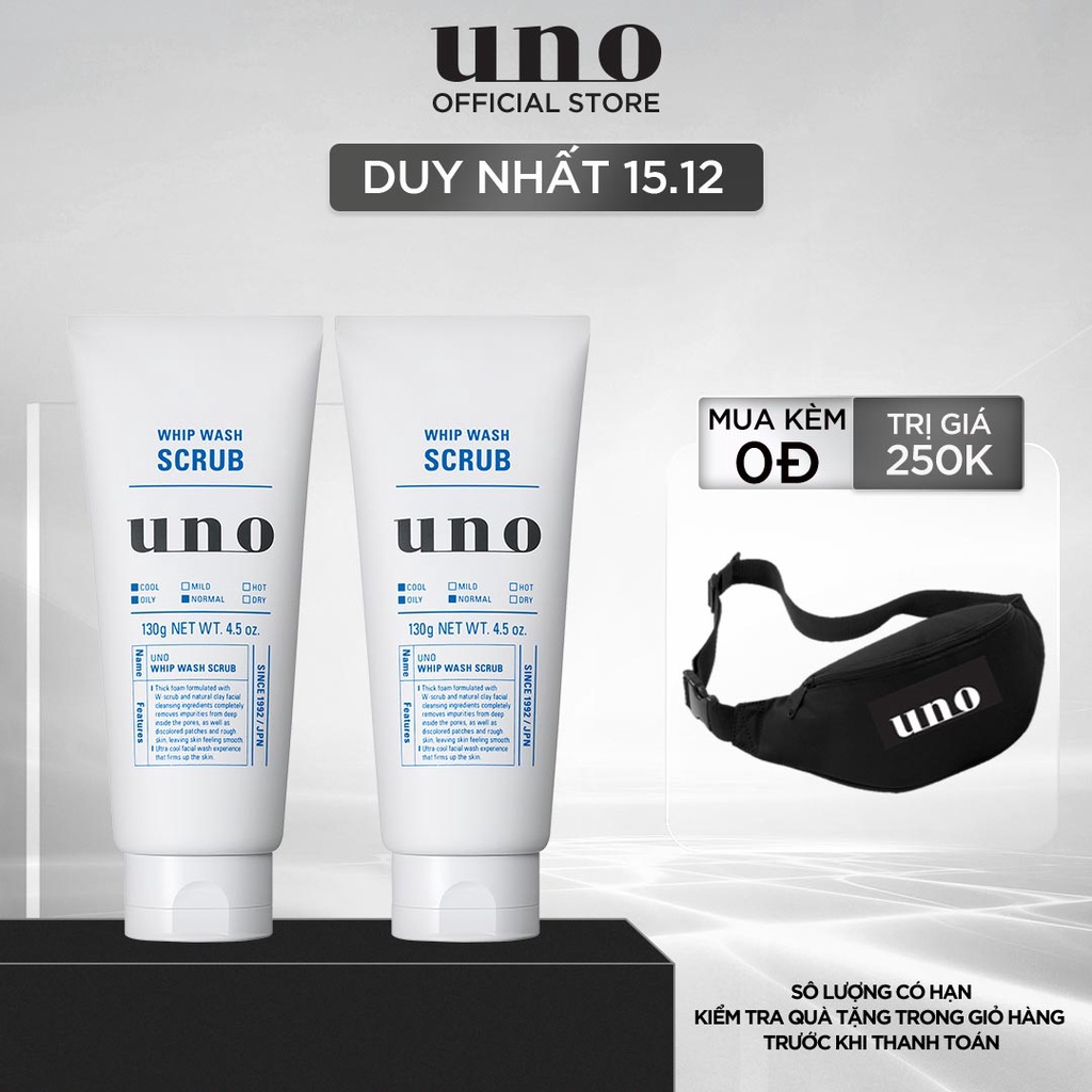 Bộ đôi Sửa rửa mặt Tạo bọt Dạng hạt Sáng da cho da sần UNO Whip Wash Scrub 130g