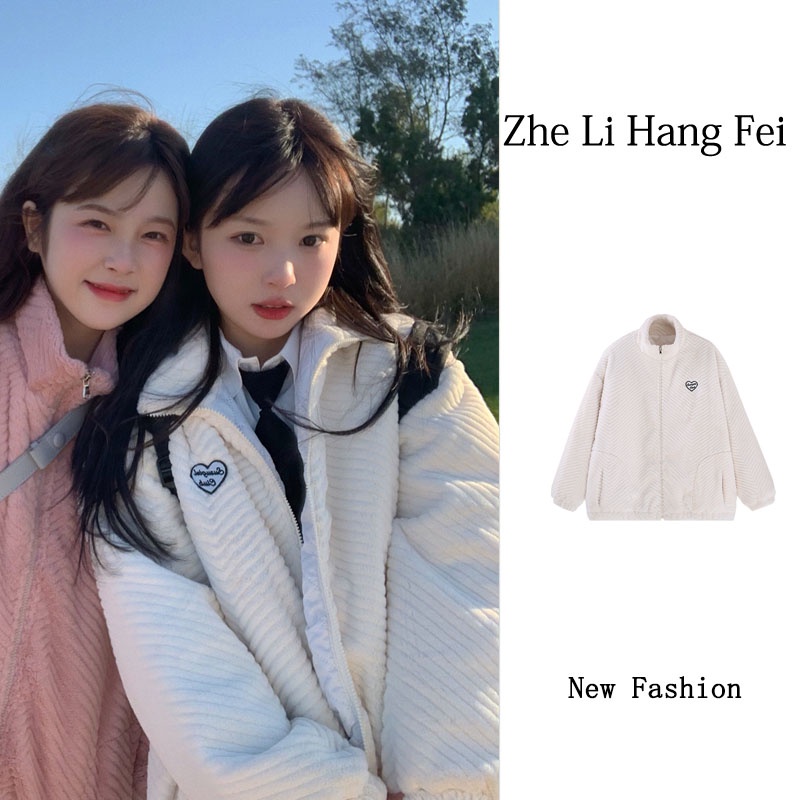 ZHELIHANGFEI Áo khoác kiểu Hàn Quốc cổ áo dài tay kiểu dáng rộng phong cách trường đại học ngọt ngào