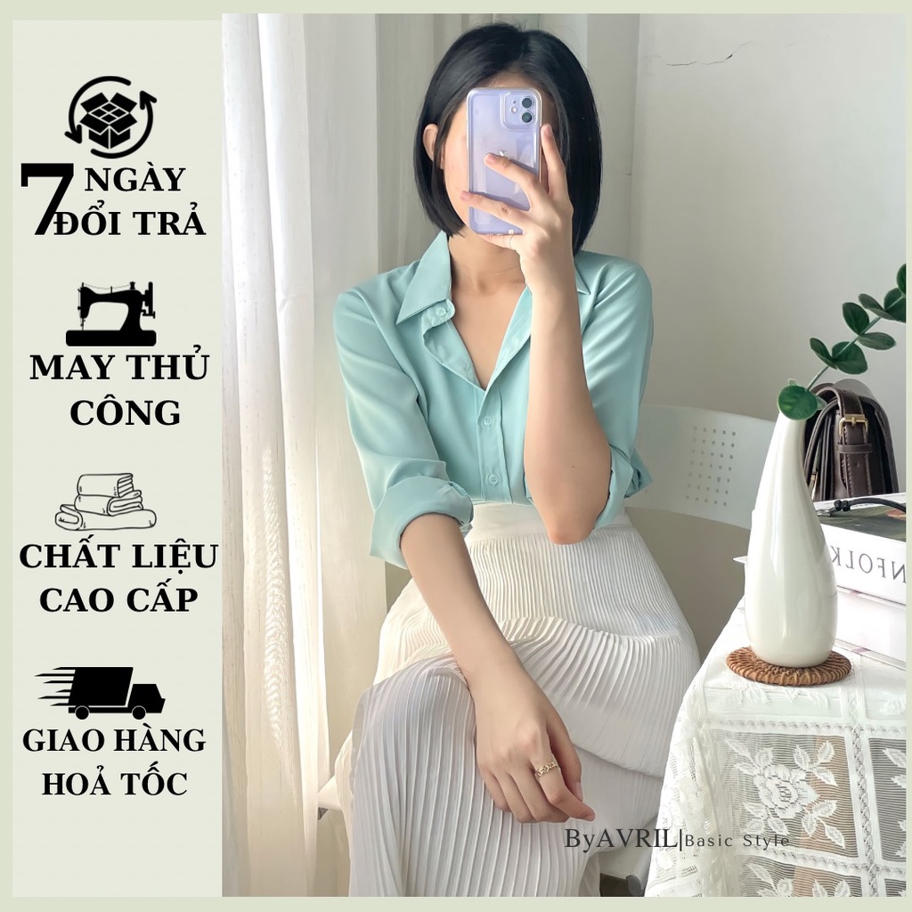 Áo sơ mi nữ màu xanh ngọc nhạt pastel tay dài form rộng công sở kiểu Hàn Quốc chất mịn mã AV02