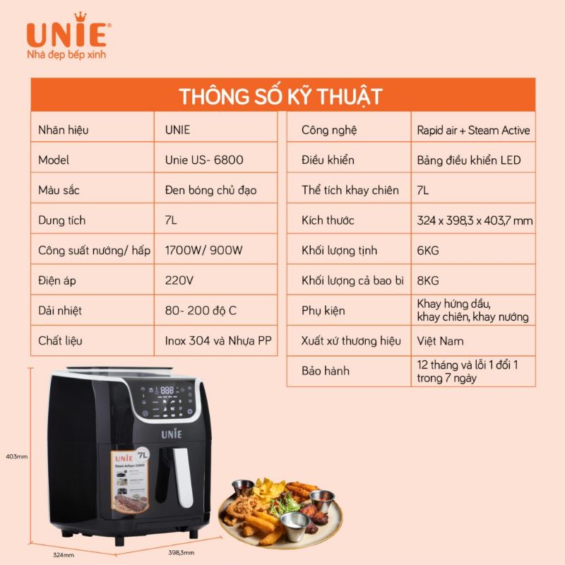 Nồi chiên hơi nước Unie US6800, Rapid Air dung tích 7L, công suất 1700W