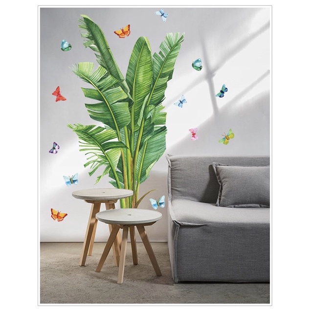 Decal dán trang trí cây chuối xanh và hồ điệp ngũ sắc C02