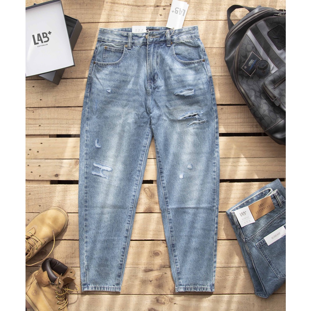 Quần Jean baggy nam LAB+ COTTONLAB màu xanh nhạt rách chất vải cotton mềm mịn không co dãn LAB221119