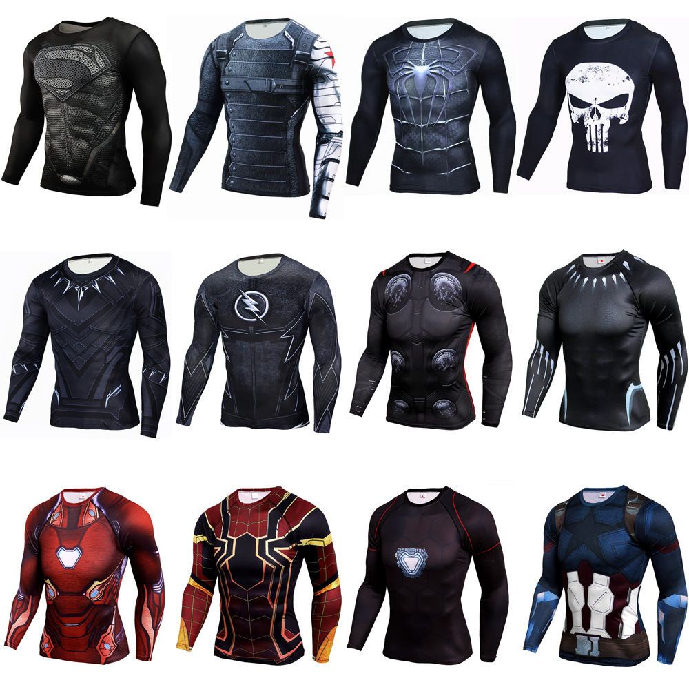 Áo Thun Thể Thao Tay Dài Dáng Ôm Thoáng Khí Nhanh Khô In Họa Tiết Marvel Superman Cho Nam