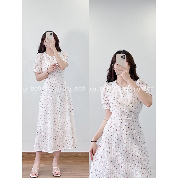 Đầm midi hoa nhí cổ tròn dây eo tiểu thư, xinh đẹp dành cho nữ (ảnh thật)