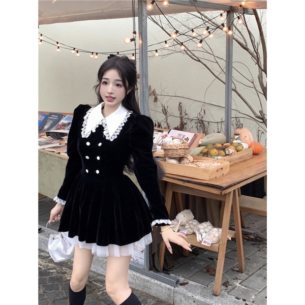 ( ORDER ) Đầm Nhung Dáng Ngắn Xoè Dài Tay Cổ Bèo Phối Lưới Tiểu Thư
