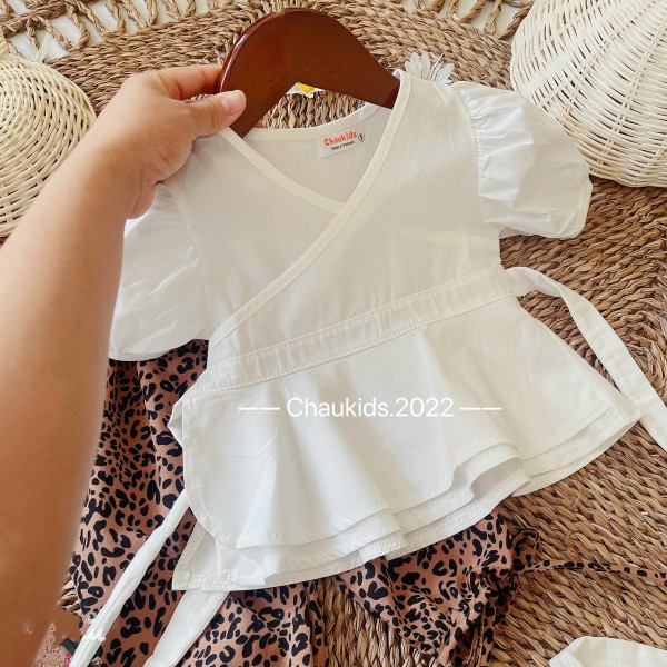 Set bé gái, bộ đồ bé gái gồm áo sơ mi trắng và quần da báo