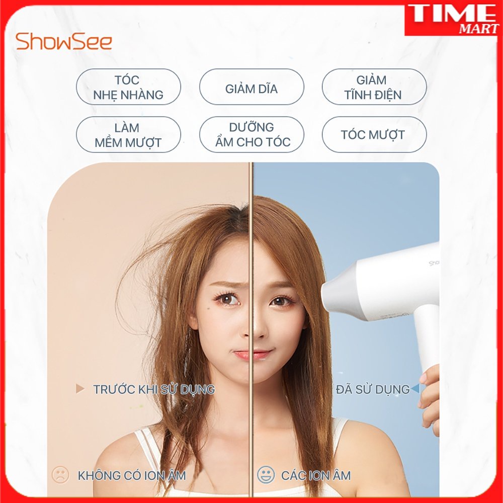 Máy sấy tóc bổ sung ion âm Xiaomi Youpin SHOWSEE A1-1800W. Cao cấp chống xù rối khô tóc [TIME-MART]