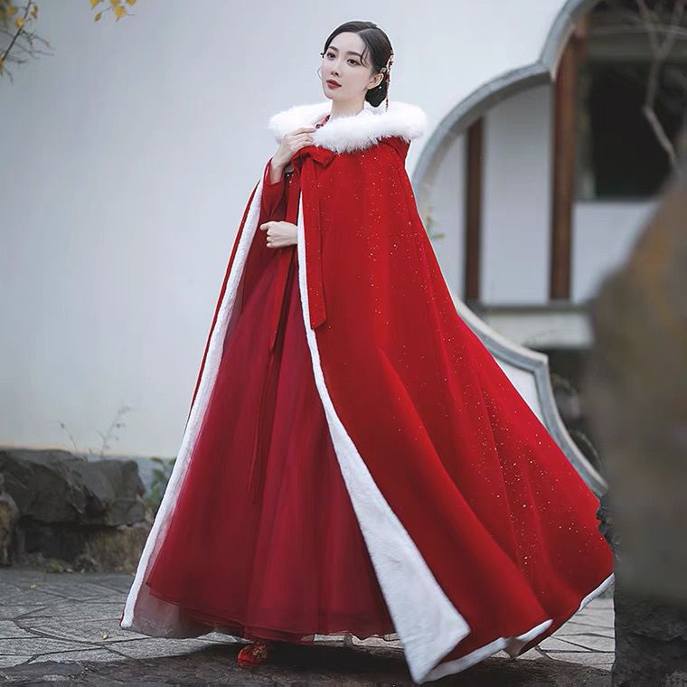 Áo Choàng Hán Phục Dáng Dài Lót Lông Cừu Dày Dặn Phong Cách Trung Hoa Cổ Điển Thời Trang Mùa Đông Cho Nữ