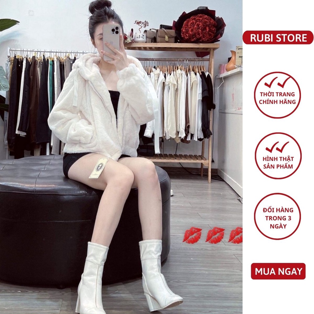 A1 - Áo khoác lông thỏ LINH RUBI STORE dáng rộng mũ có dây buộc