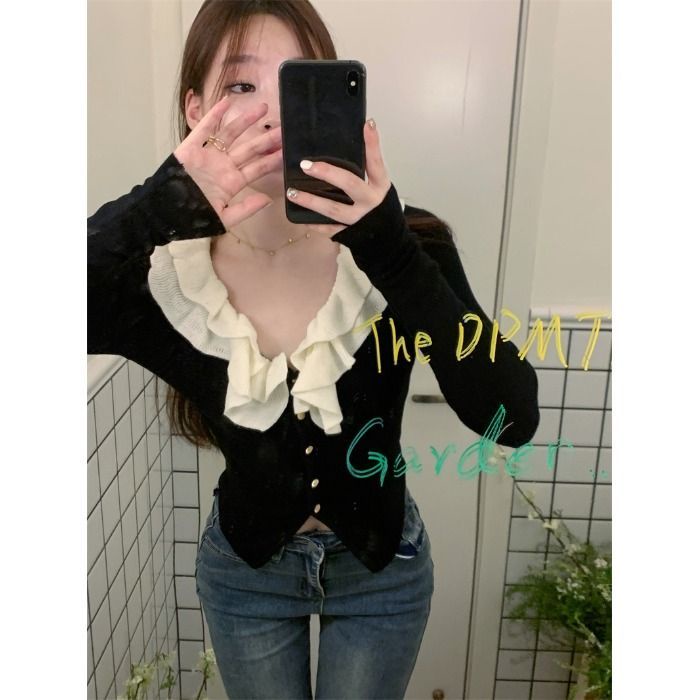 Áo Cardigan Dệt Kim Tay Dài Cổ Chữ v Màu Đen Thời Trang Mùa Thu Cho Nữ