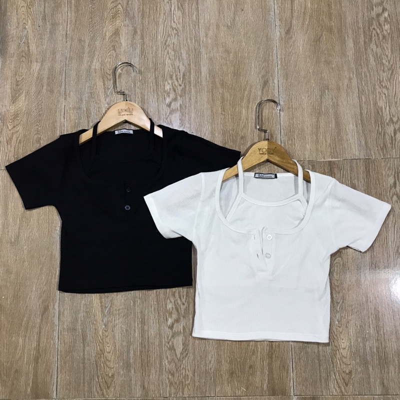 Áo Croptop Body Tay Ngắn , Cổ Vuông Kiểu Yếm, Khuya Cài …(kèm ảnh thật)