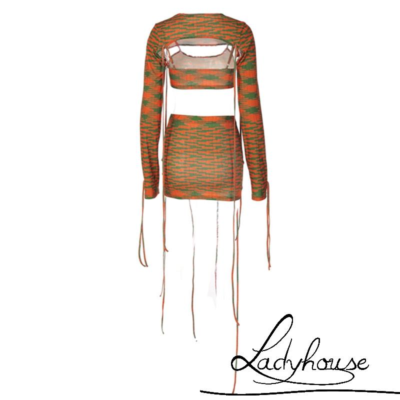 Ldd-đầm Crop Top Dệt Kim Khoét Rỗng Phối Chân Váy Lưng Cao Cho Nữ