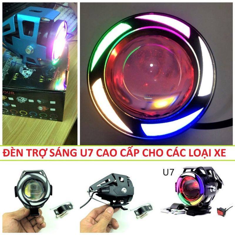 Đèn trợ sáng xe máy U7 mẫu mới viền led 7 màu cực đẹp siêu sáng
