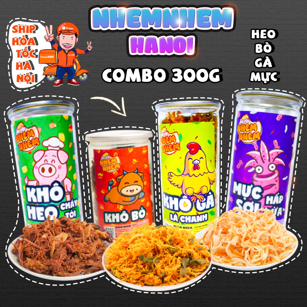Combo ăn vặt khô gà, khô mực, khô heo cháy tỏi, khô bò xé sợi Nhem Nhem hũ 300g, túi 100g ăn thử, đồ ăn vặt Hà Nội